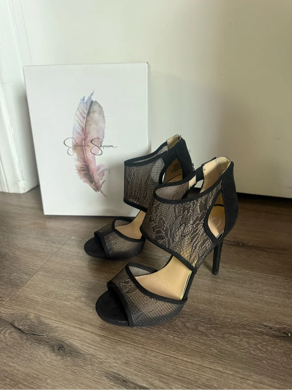 Jessica Simpson Black Mesh Stiletto Sandals with Ankle Coverage